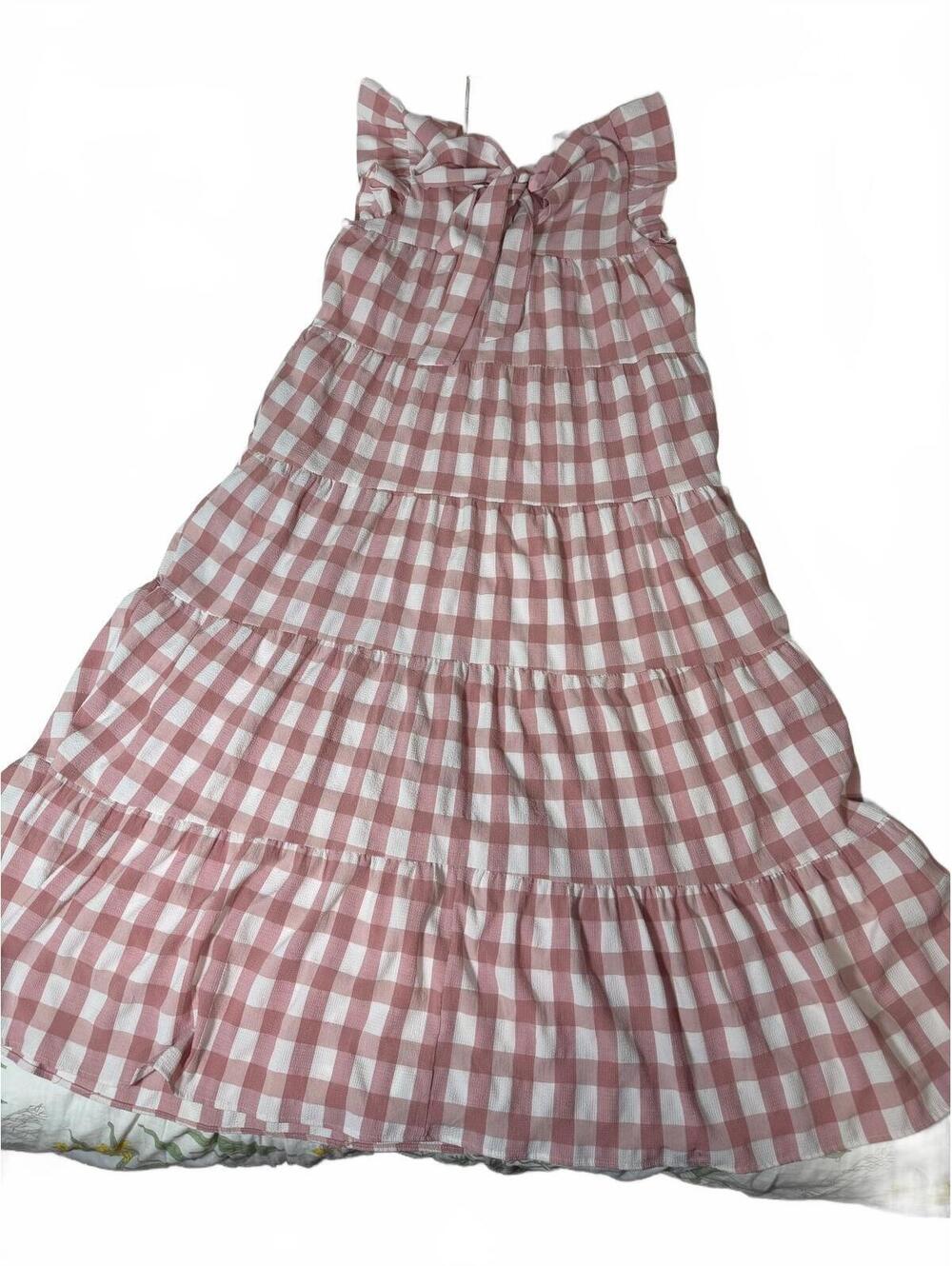 English Factory pink gingham sleeveless tiered dress